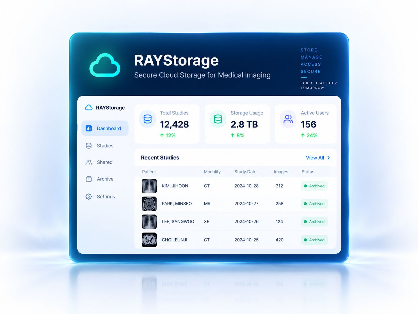 RAYStorage — Keep medical data safe and available (screen for reference only).